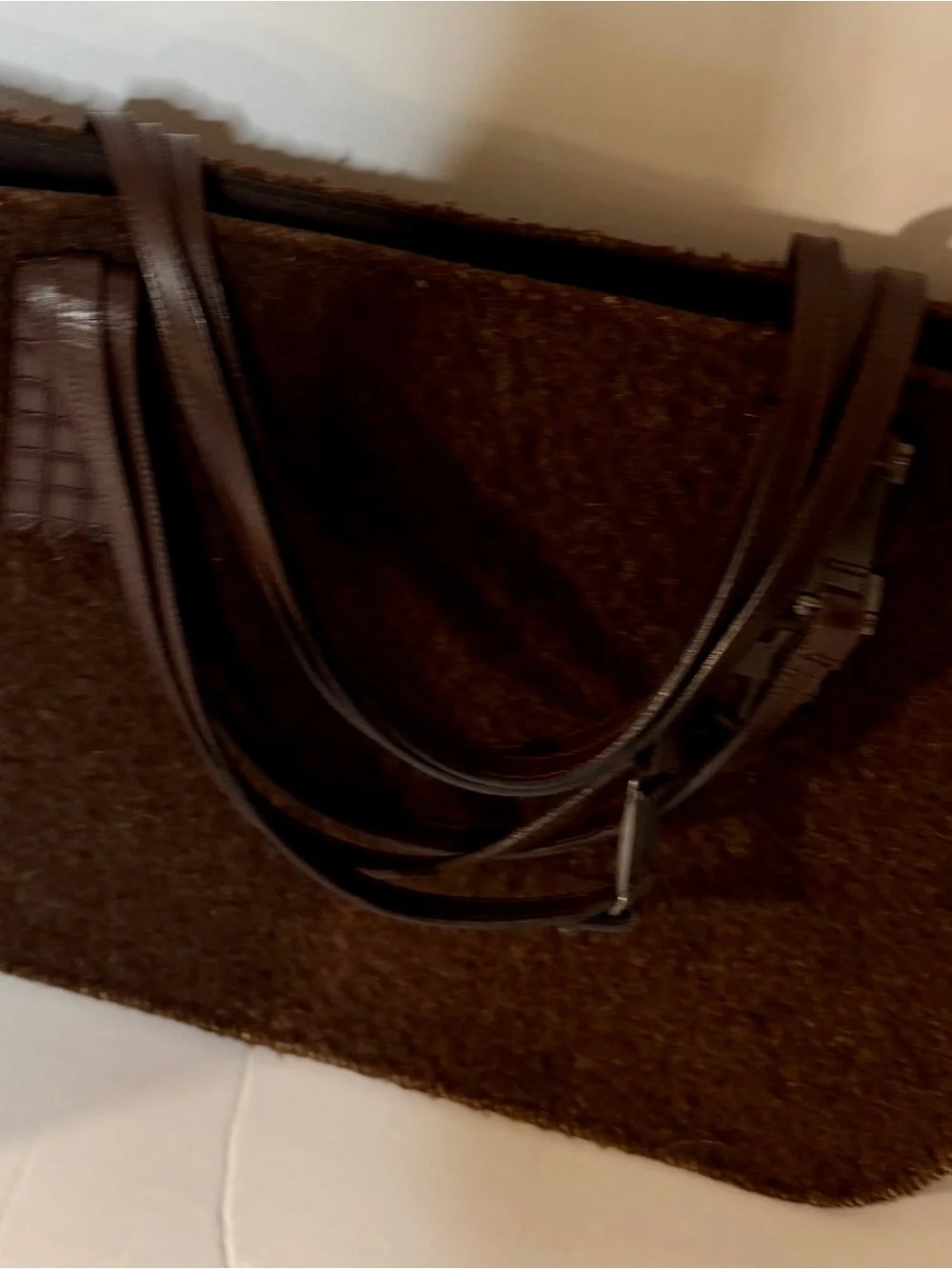 CHANEL Brown Shearling Shoulder Tote with Leather Straps